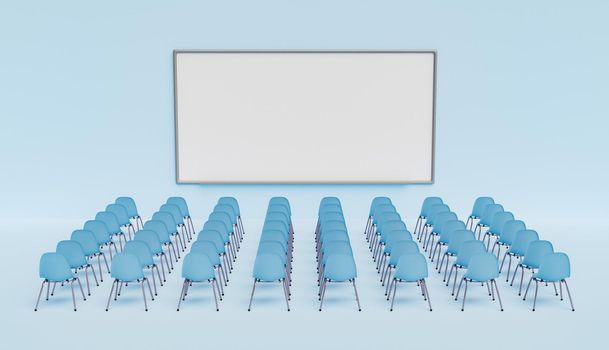 white board with chairs lined up in front of it in an abstract scene. education concept. 3d render