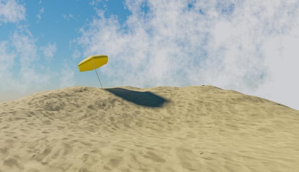 yellow umbrella over a mountain of beach sand and a sky with clouds. 3d illustration