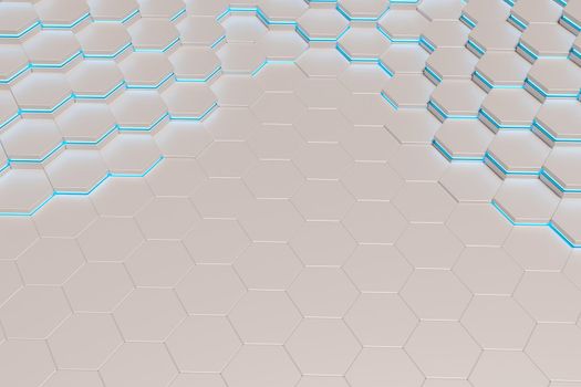 background of white metal hexagons with blue light line. 3d rendering