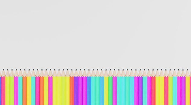 rainbow wooden pencil row banner with white background and space for text. 3d rendering