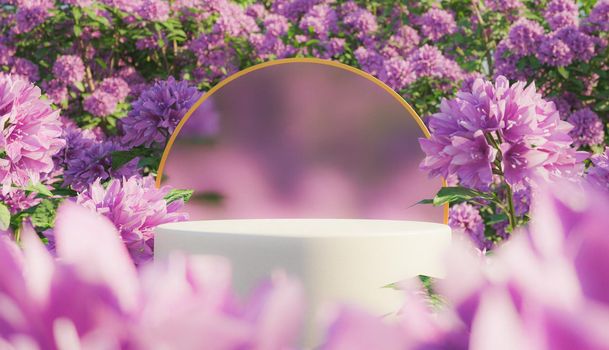 product display stand with blurred background surrounded by purple flowers. 3d render