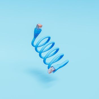 minimalistic concept of a coiled ethernet cable suspended in the air with blue pastel color. 3d render