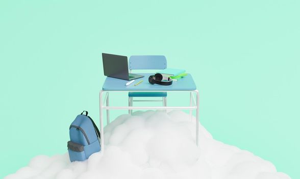 abstract scene of a school desk with laptop, backpack, headphones and books on a cloud. back to school concept. 3d render