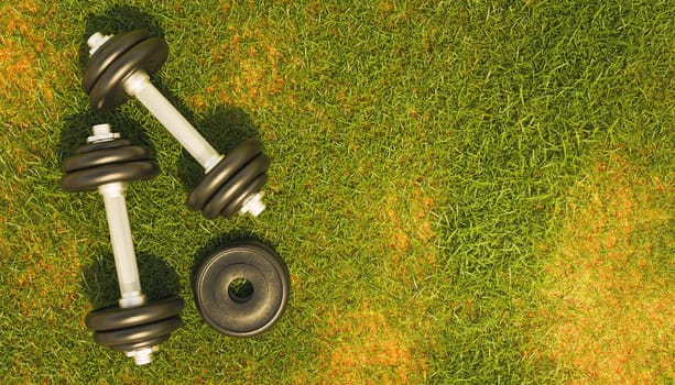 top view of a metal gym dumbbells on grass. outdoor exercise. 3d render