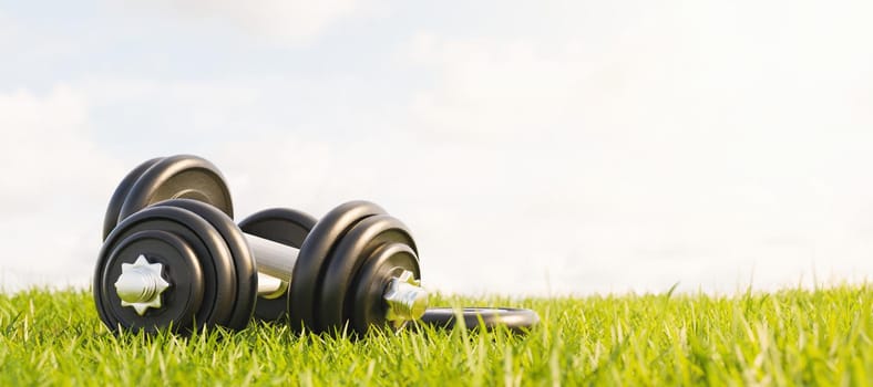 metal gym dumbbells stacked on grass in a park with sunny sky. outdoor exercise. 3d render
