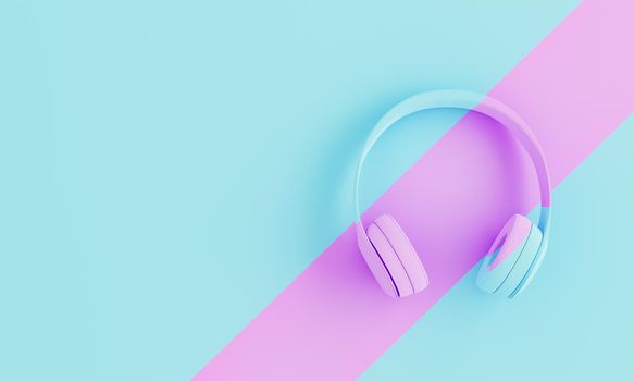 blue headphones on background with pink line and space for text. 3d render