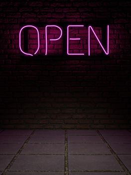 3d representation of a neon sign with the word "open" in pink light on a brick wall and gray slab floor