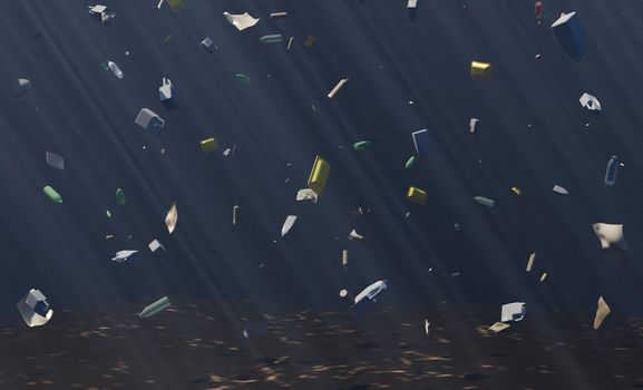 deep ocean with a lot of floating garbage. climate change. 3d render