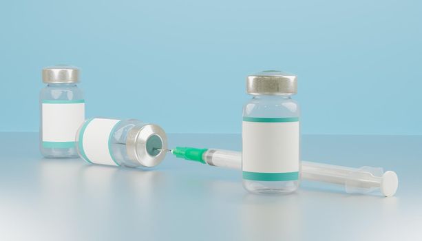 mockup of 3 vaccine bottles with blank label and millimeter syringe stuck in one of them. 3d render