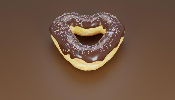 heart-shaped donut covered with chocolate and colored confetti on a chocolate-colored background . 3d render