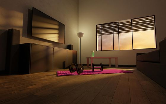 small improvised gym in the living room of a house with pink mat, dumbbells, green water bottle and the street light coming through the window. 3d render