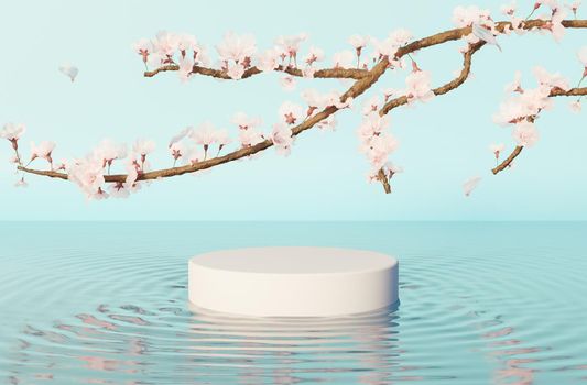 product stand in water with waves on blue background and cherry tree branches with many flowers. 3d render