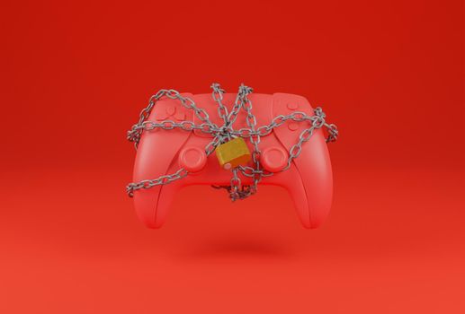 red game pad with a tangled chain and a padlock closing it on a red background. gamer concept. 3d rendering