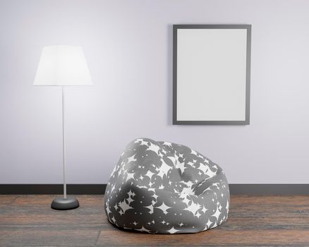 mockup with an illuminating leather lamp and a pouf to sit on inside a house. 3d render