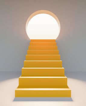 abstract yellow stairs in front with a round door illuminated with sun glare. product presentation. 3d render