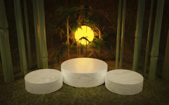 tropical product stand with 3 cylindrical bases of marble, bamboo and a diffused glass circle with back lighting. 3d render