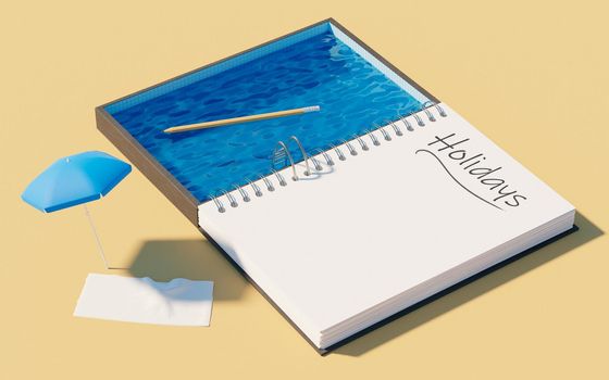 notepad with the word Holidays written on it, a swimming pool, umbrella with towel and a pencil floating in the water. 3d render