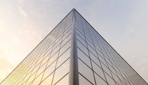 upper corner of a building full of windows reflecting the sunset. 3d render