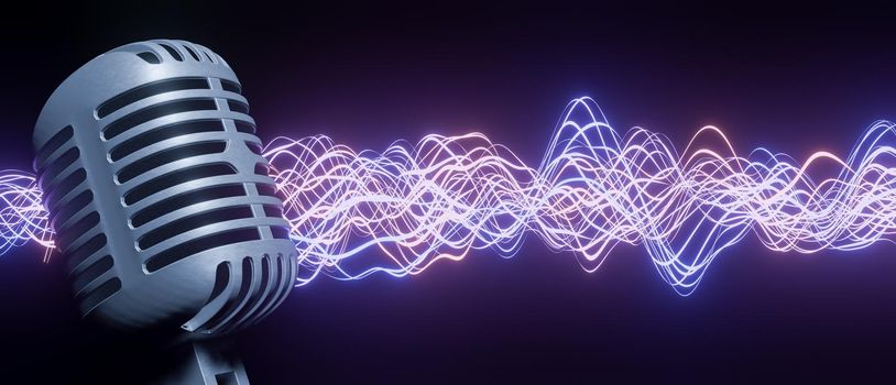 retro microphone in the foreground with luminous red and blue sound wave in the background. 3d render