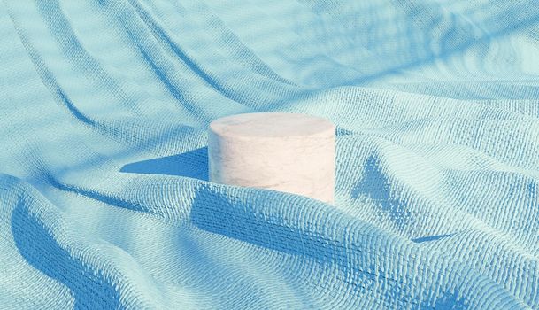 marble cylindrical product podium on blue wrinkled fabric with shadows of a shutter. 3d render
