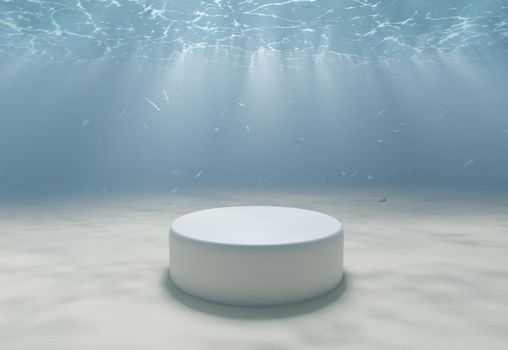 product stand under the sea with white sand and fish in the background. 3d render