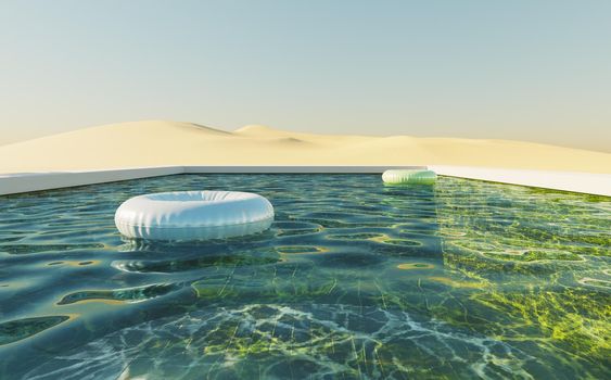 green background pool in a dune desert with clear sky and floats in the water. 3d render