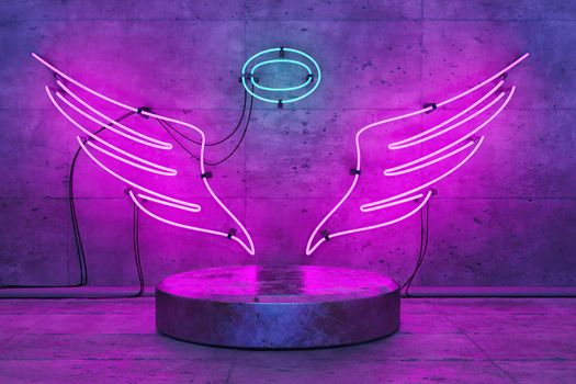 angel shaped neon lamp with base for product display. 3d rendering