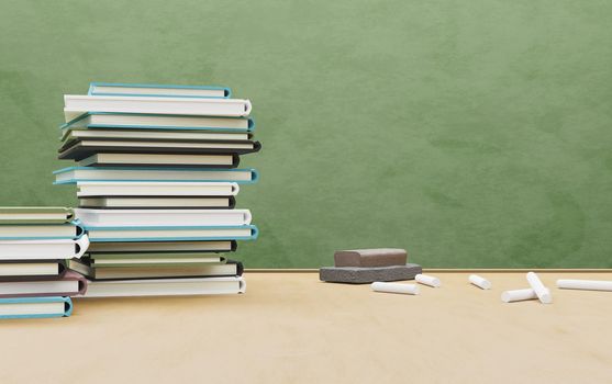 school table full of books with eraser and chalk and a blackboard in the background. education concept. 3d rendering