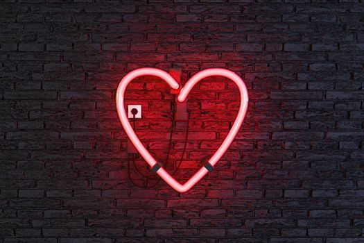 heart symbol on red neon lamp with dark brick wall. 3d rendering