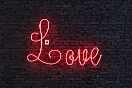 red neon lamp with the word LOVE on dark brick wall. lettering. 3d rendering