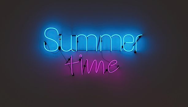 neon lamp with the words SUMMER TIME on a plain wall. 3d rendering