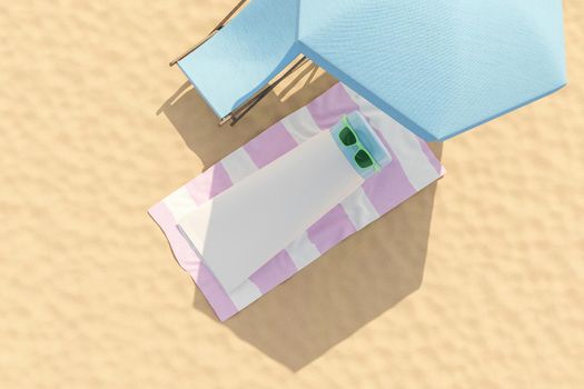 mockup of sunscreen bottle with sunglasses on the beach on a towel with an umbrella shading it. 3d rendering