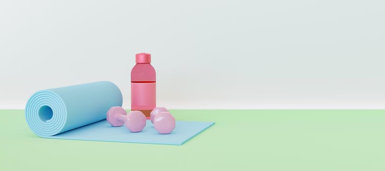 exercise mat with small dumbbells and water bottle with pastel color and space for text. 3d rendering
