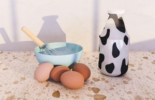 hand mixer in a bowl with eggs around it and milk bottle with cow print. 3d rendering