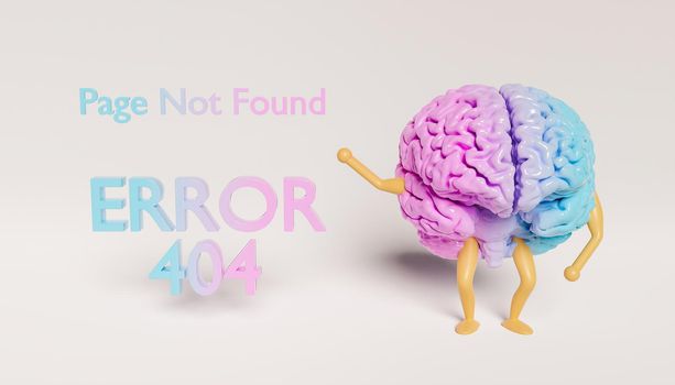 brain with arms and legs showing an ERROR 404 sign. gradient pastel color. for web design. 3d rendering