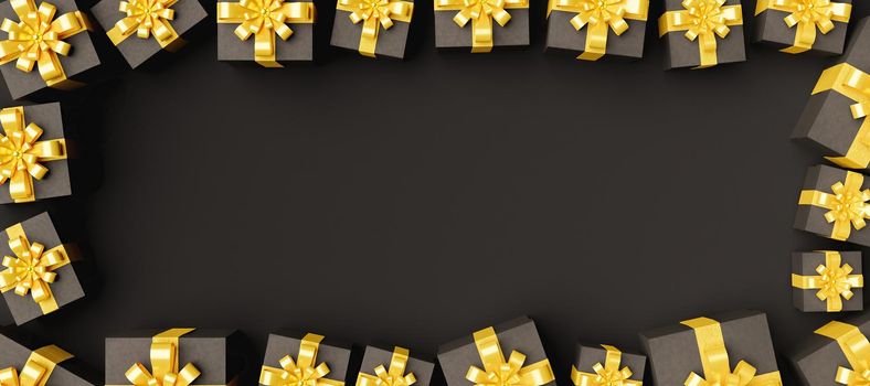 banner surrounded by dark gift boxes with golden ribbons and space for text in the background. 3d render