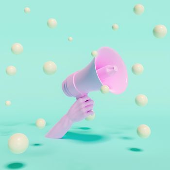 hand holding a megaphone with floating spheres around it. 3d render