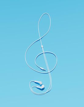 headphones with cable making the shape of the treble clef on blue background. 3d rendering