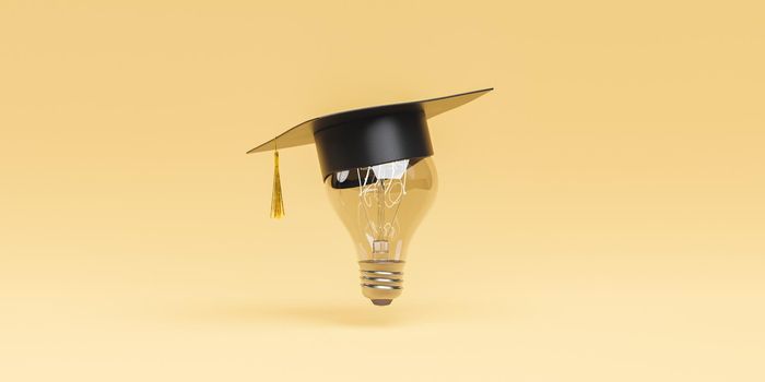 bright light bulb with graduation hat on beige background. concept of education and back to school. 3d render