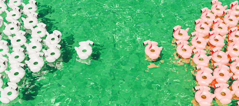 a lot flamingo floats facing in a tropical pool. 3d render