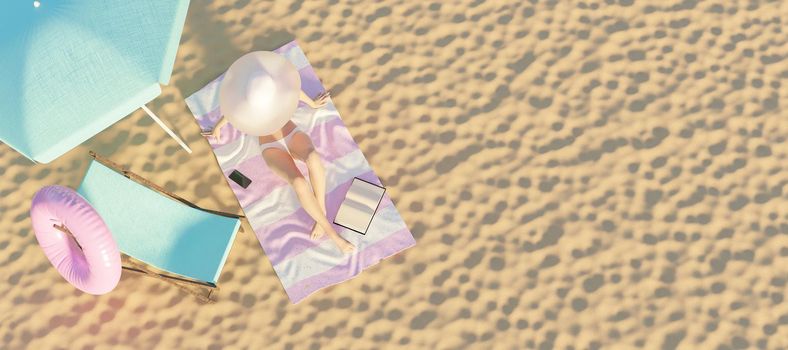 woman on a towel on the sand of the beach with hammock and parasol. top shot. summer time. copy space. 3d render