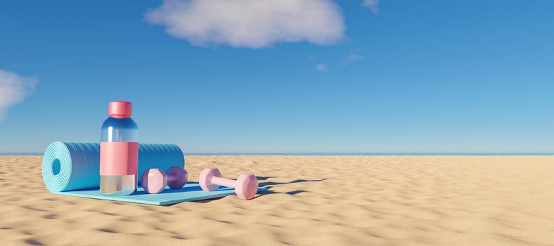 exercise mat with water bottle and weights on the beach sand with the sea in the background. copy space. 3d render