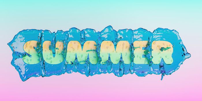 sign with the word SUMMER and water splash behind it with pastel color gradient background. summer background. 3d render