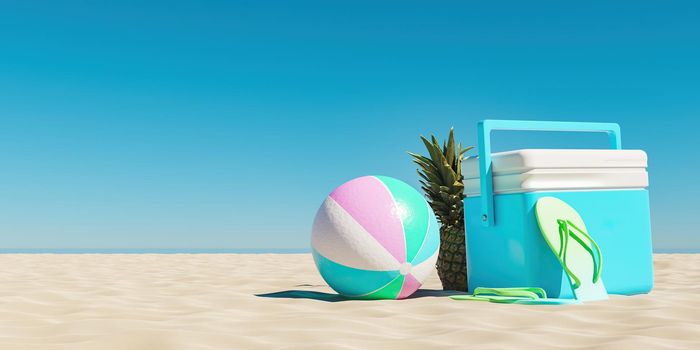beach fridge with ball and pineapple on the beach sand and clear sky. summer background. 3d render
