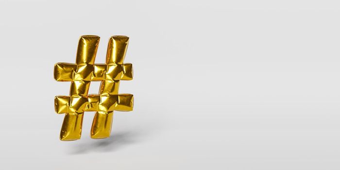 Hashtag sign of golden balloon on white background with copy space. 3d render
