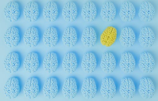 blue brains aligned with blue background and a yellow one misaligned. concept of intelligence, success, standing out. 3d render