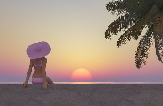 Caucasian woman sitting in front of the sea watching summer sunset with palm tree on the side. 3d render