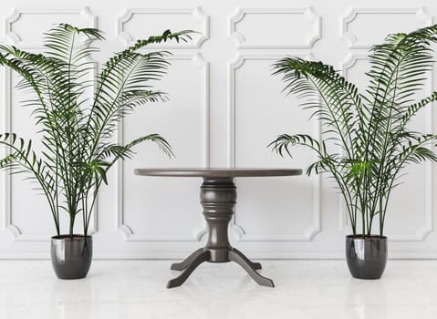 classic white interior with a central dark wood table and plants on the sides. for product display. 3d render