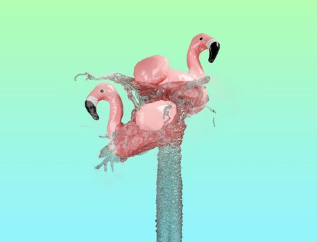 flamingo floats on water fountain with splashes and gradient pastel background. 3d render