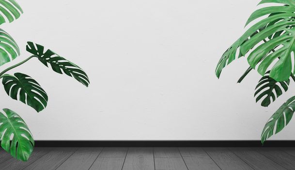 empty wall background with wooden floor and monstera plants on the sides with space for design. 3d render